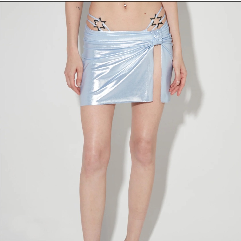 MSBHV Hollywood Shimmer Light Pastel Blue Lycra Stretchy Slit Mini Skirt XS NEW